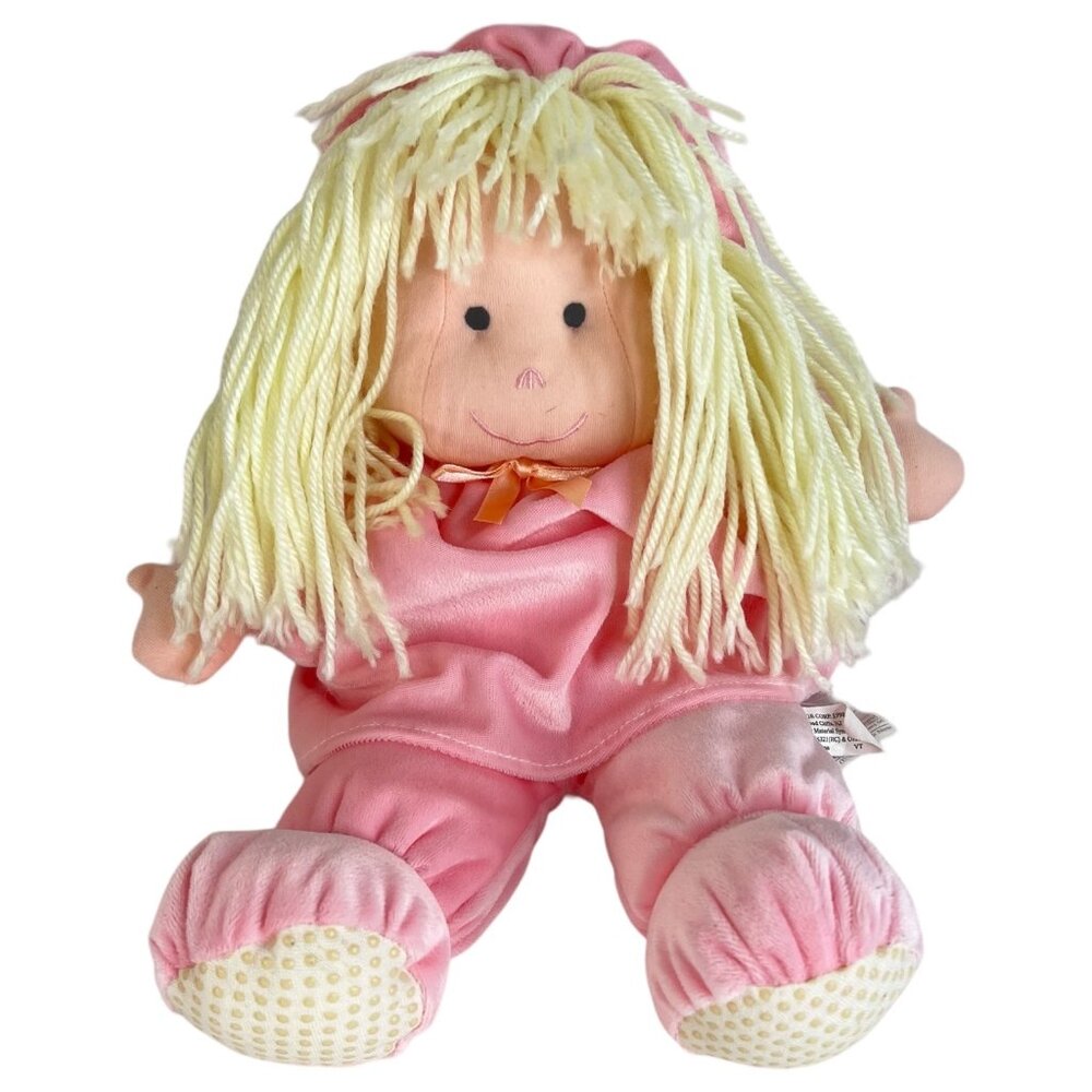 Plush Rag Doll Puppet Blonde Yarn Hair & Pink Outfit Vintage 1998 DGE Corp‎